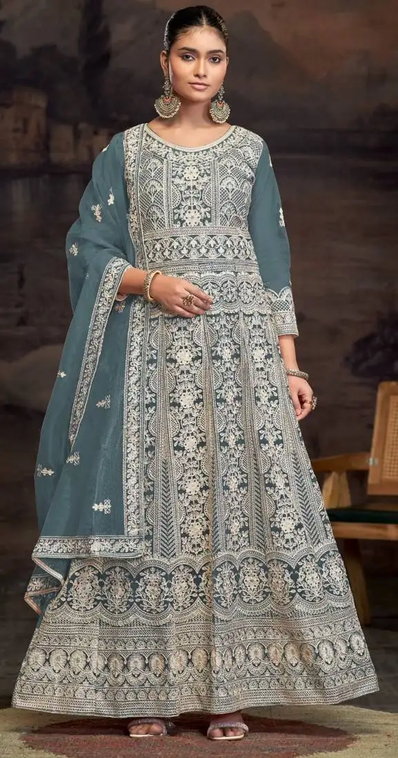 Light blue embroidered twill net with chain work semi stitched anarkali suit