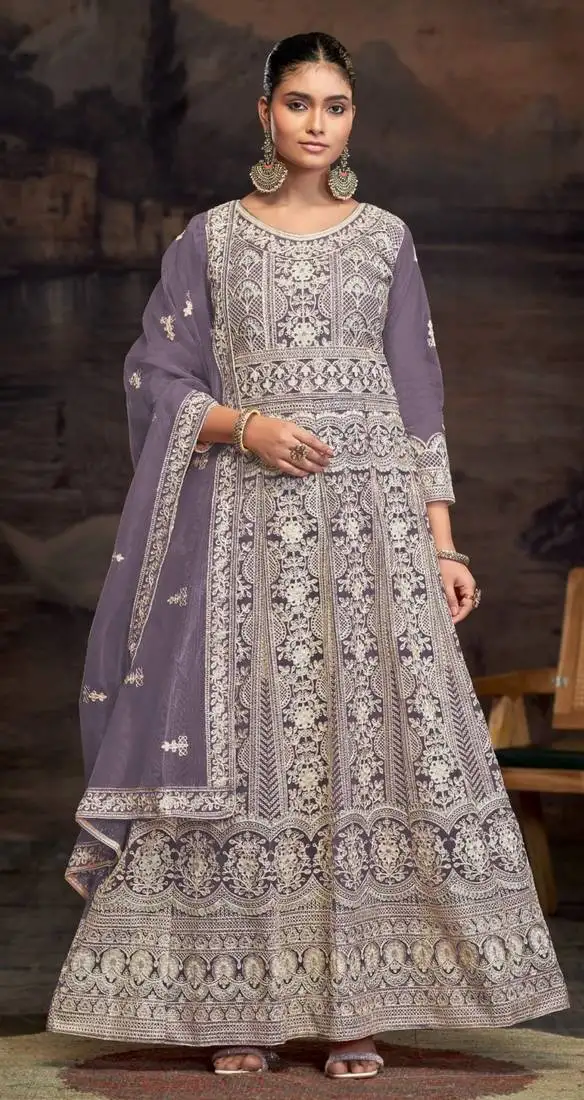 Lavender embroidered twill net with chain work semi stitched anarkali suit