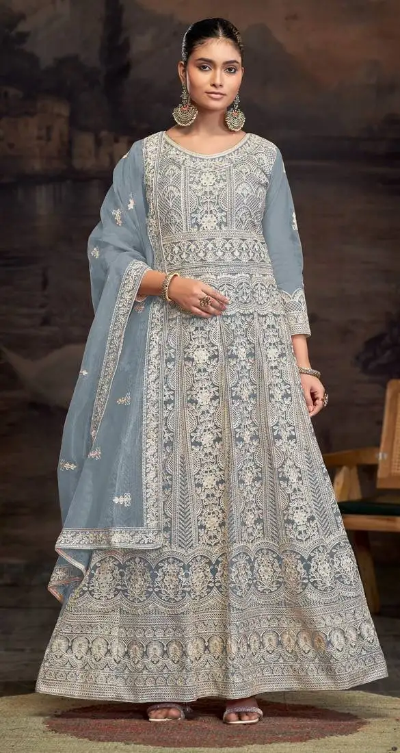 Sky blue embroidered twill net with chain work semi stitched anarkali suit