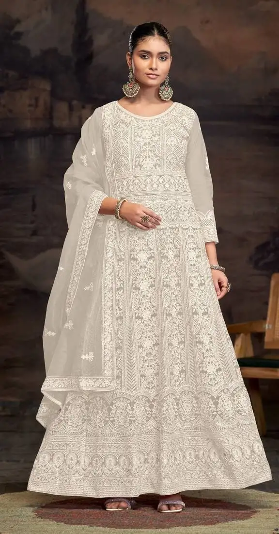 Off white embroidered twill net with chain work semi stitched anarkali suit