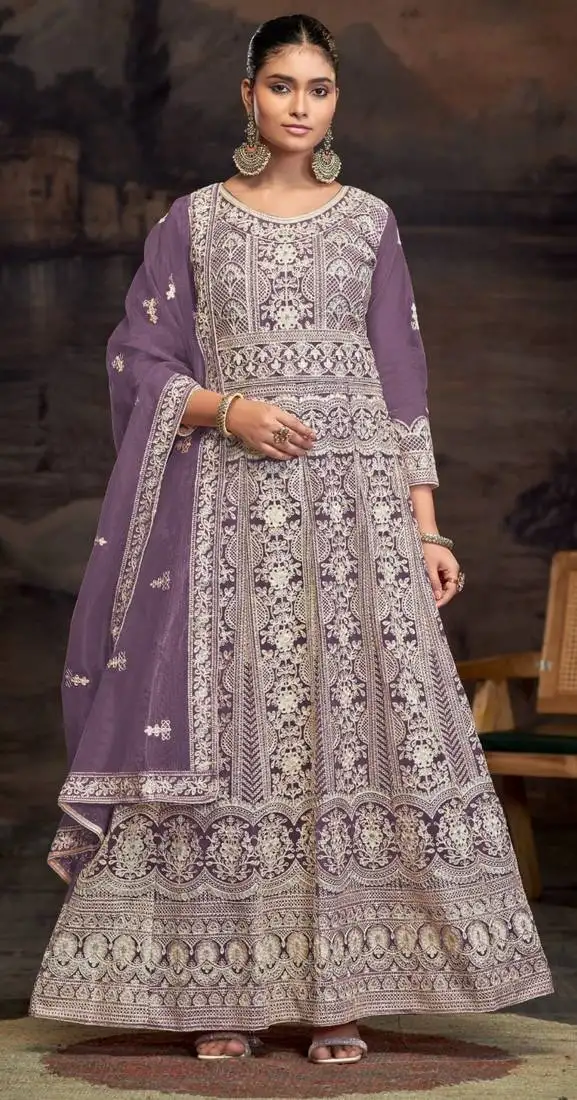 Purple embroidered twill net with chain work semi stitched anarkali suit