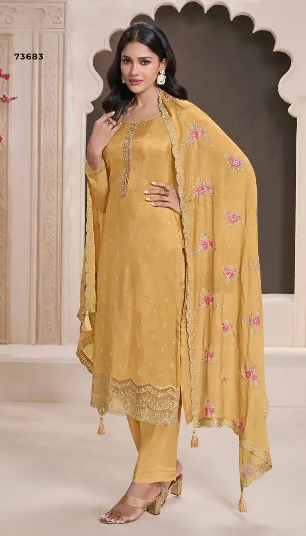 Yellow silk embroidered semi-stitched salwar suit semi stitched