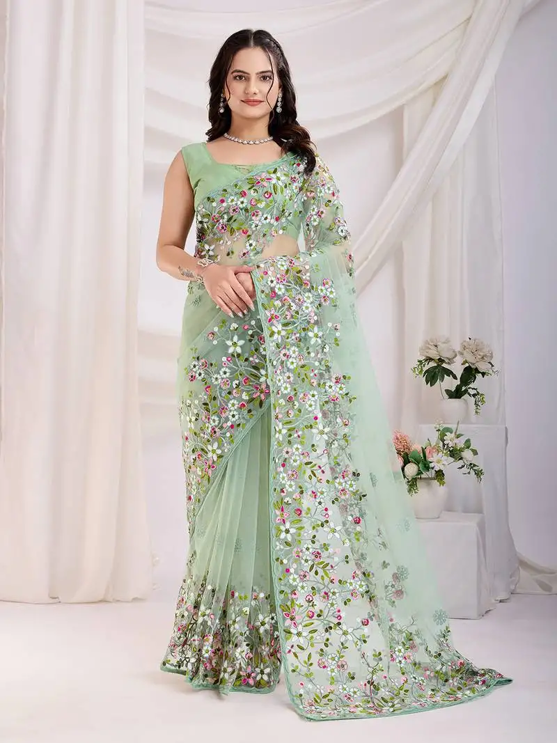 Pastel-green chikankari embroidered soft net saree