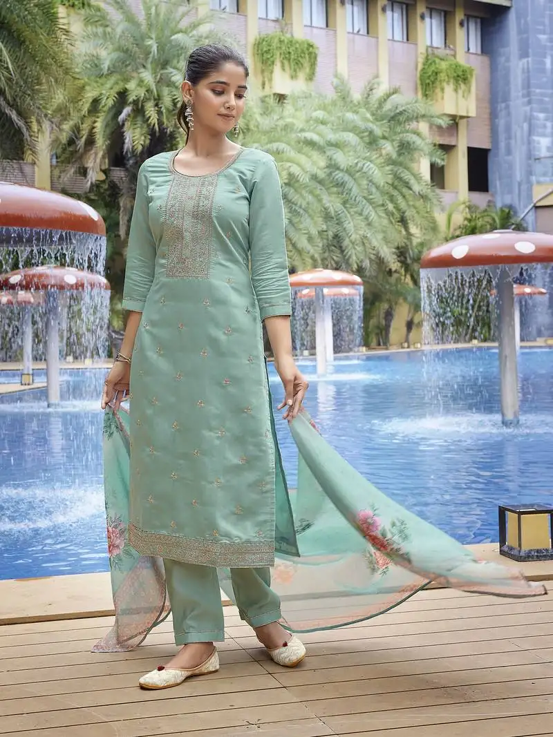 Sea green viscose chanderi fabric beautiful ethnic partywear suit