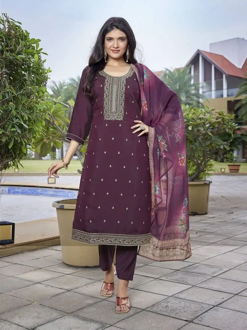 Wine viscose chanderi fabric beautiful ethnic partywear suit