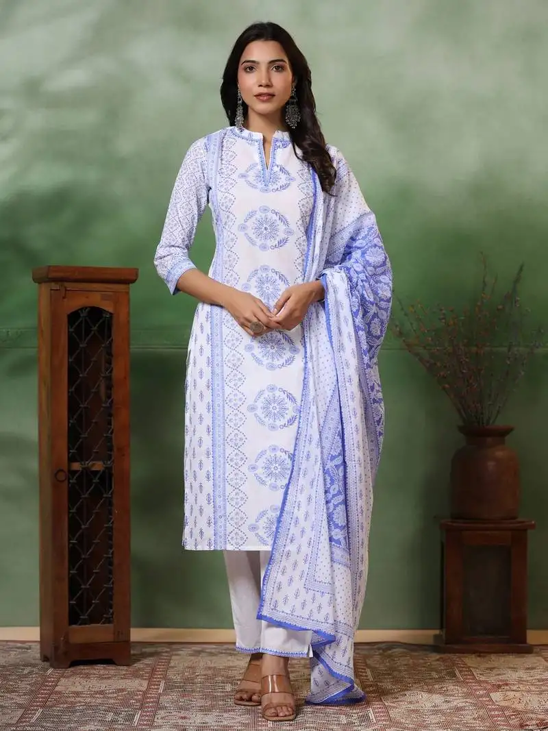 Beautiful white & blue ceremonial dress with designer printed work on viscose fabric
