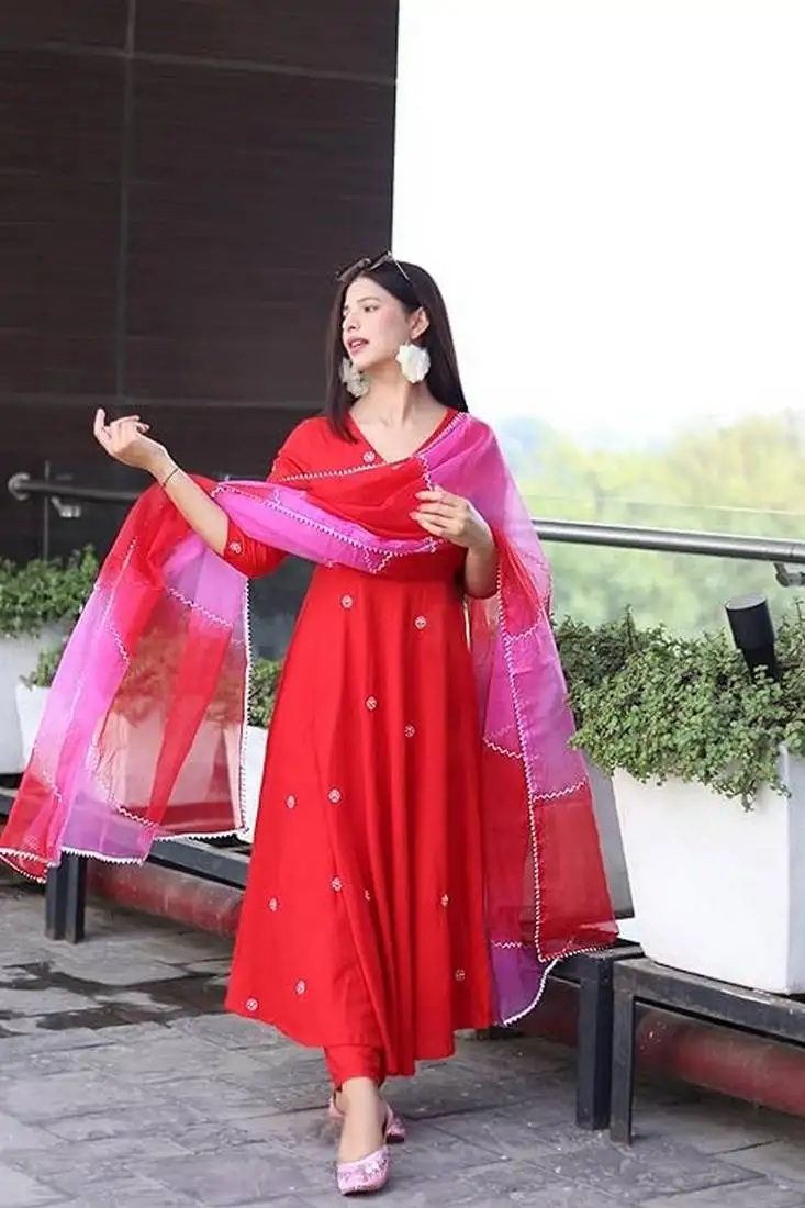 Beautiful red ceremonial dress with designer embroidered work work on viscose fabric