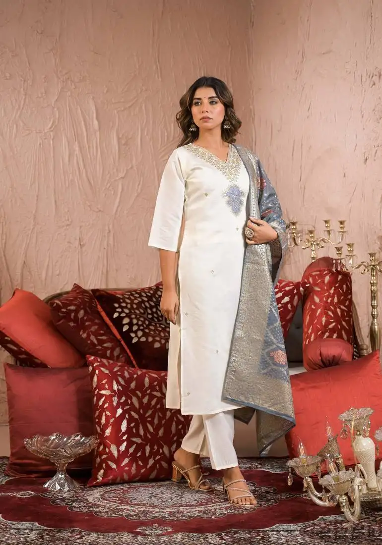 White viscose chanderi fabric designer embroidery work ethnic festive salwar kameez