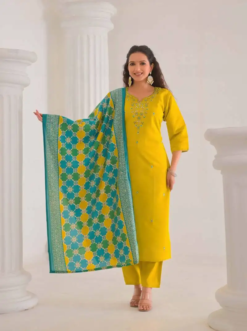 Yellow viscose chanderi fabric designer embroidery work ethnic festive salwar kameez