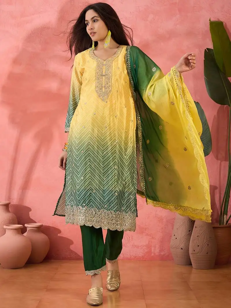 Yellow chinon silk fabric salwar suit with designer printed and embroidery work