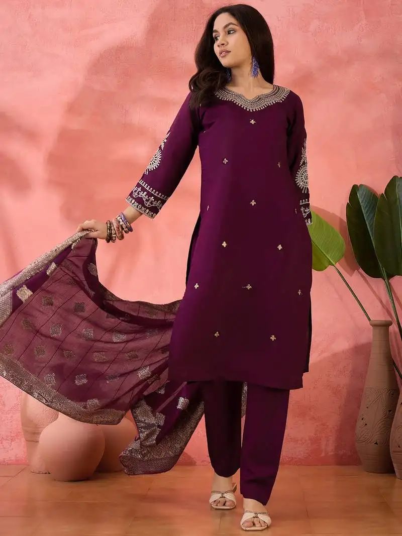 Wine roman silk suit designed with embroidery work and wevon designer