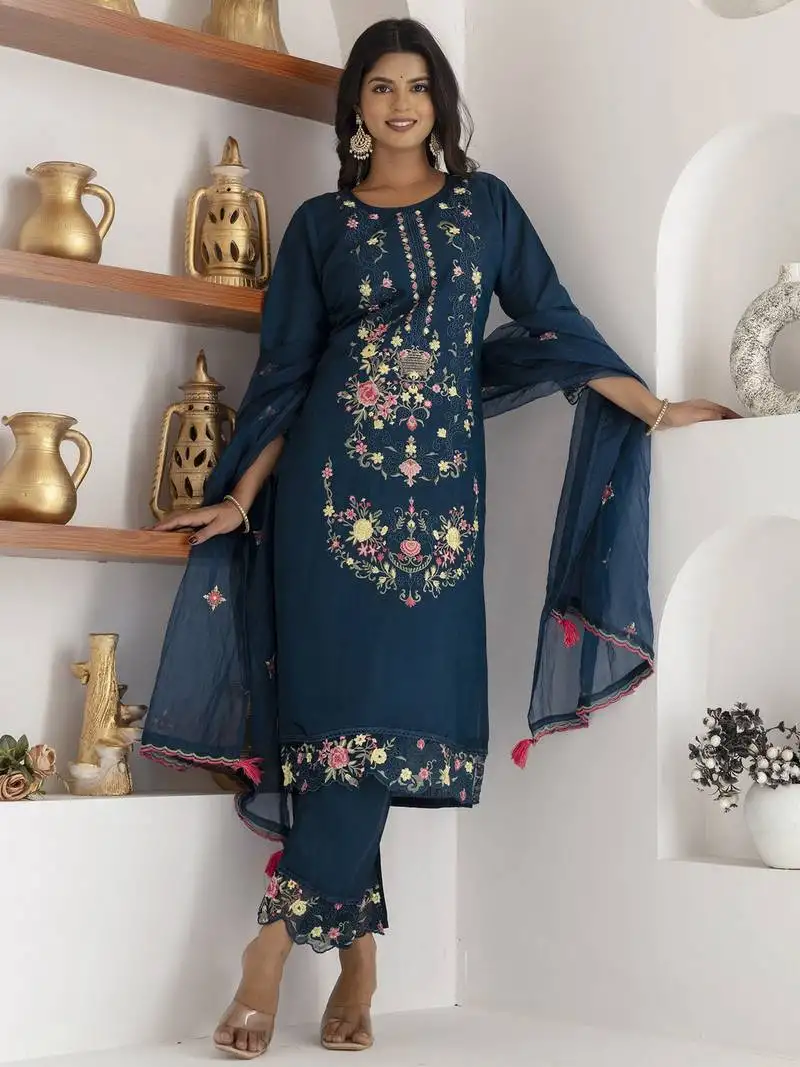 Teal blue beautiful viscose silk salwar kameez with designer embroidery and hand work