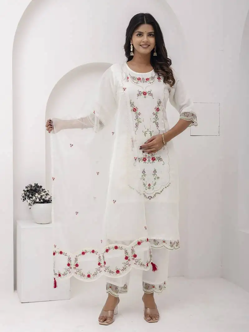 White beautiful viscose silk salwar kameez with designer embroidery and hand work