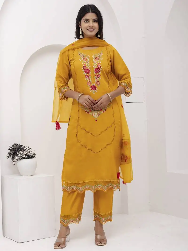 Yellow beautiful viscose silk salwar kameez with designer embroidery and hand work