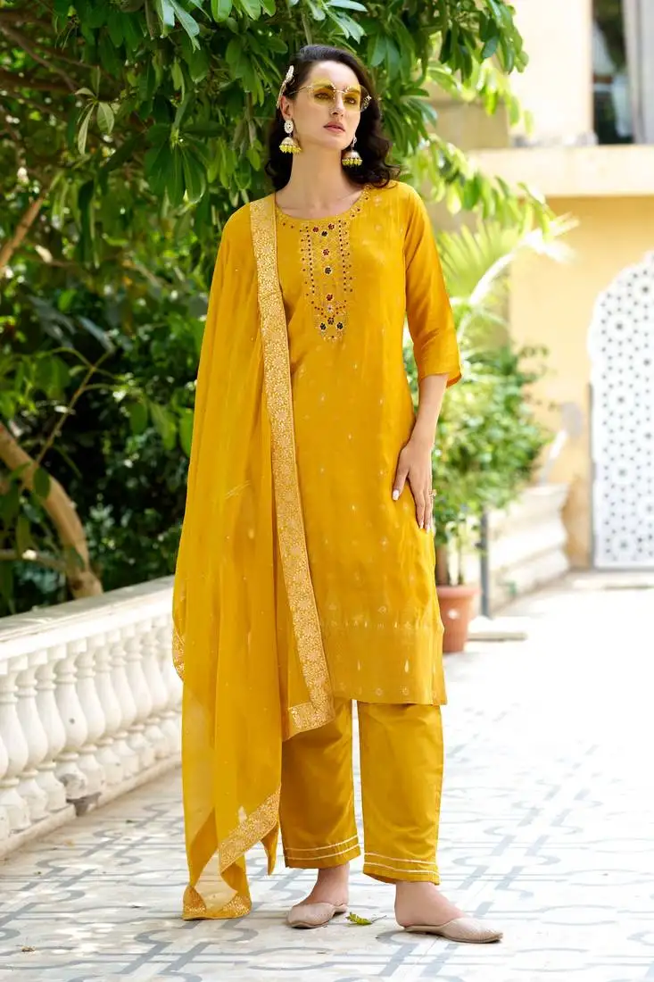 Yellow designer viscose rayon readymade suit with plesent embroidery work