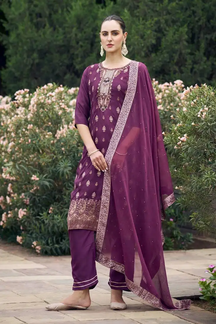 Wine designer viscose rayon readymade suit with plesent embroidery work