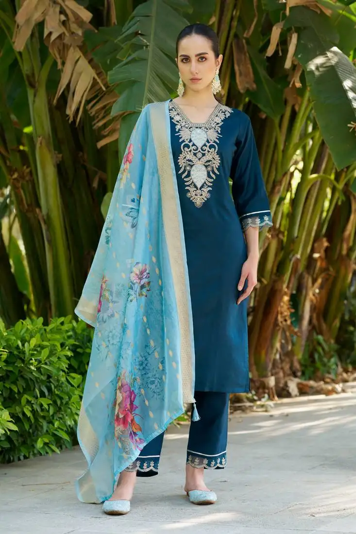 Teal designer viscose rayon readymade suit with plesent embroidery work