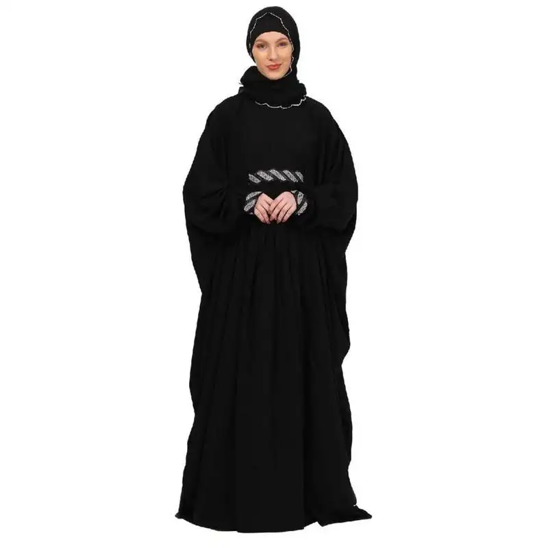 Black adjustable waist kaftan abaya with sequin lace