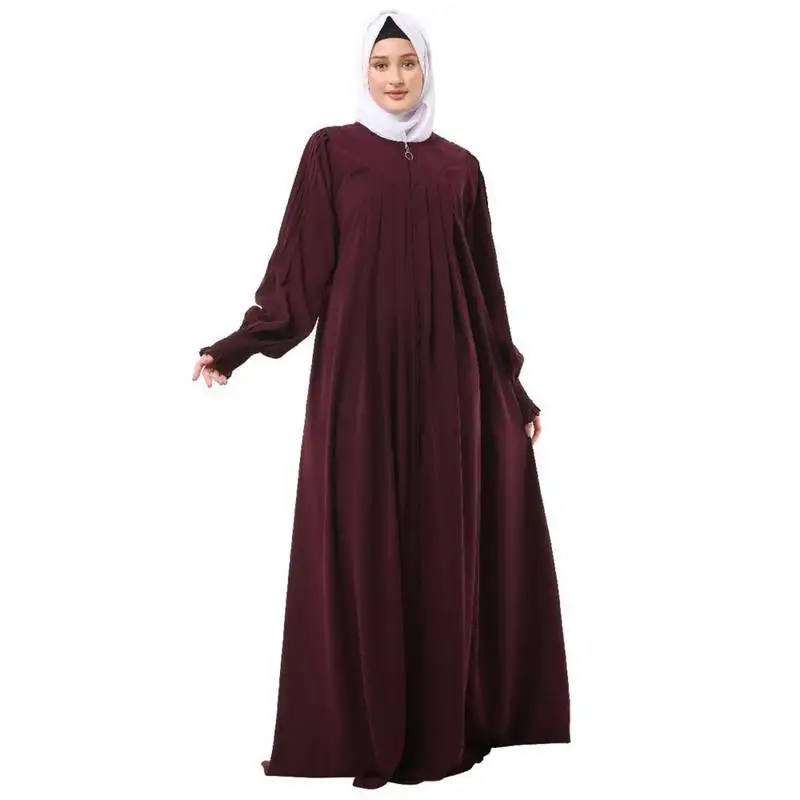Wine zipper front open pleated abaya with puff sleeves