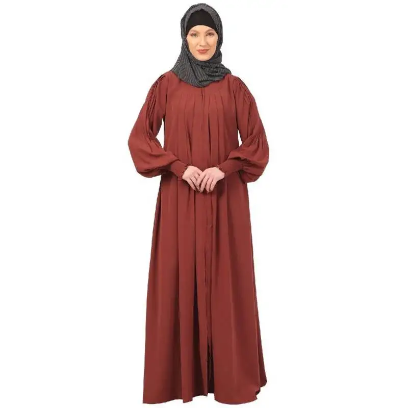 Dark-saffron zipper front open pleated abaya with puff sleeves