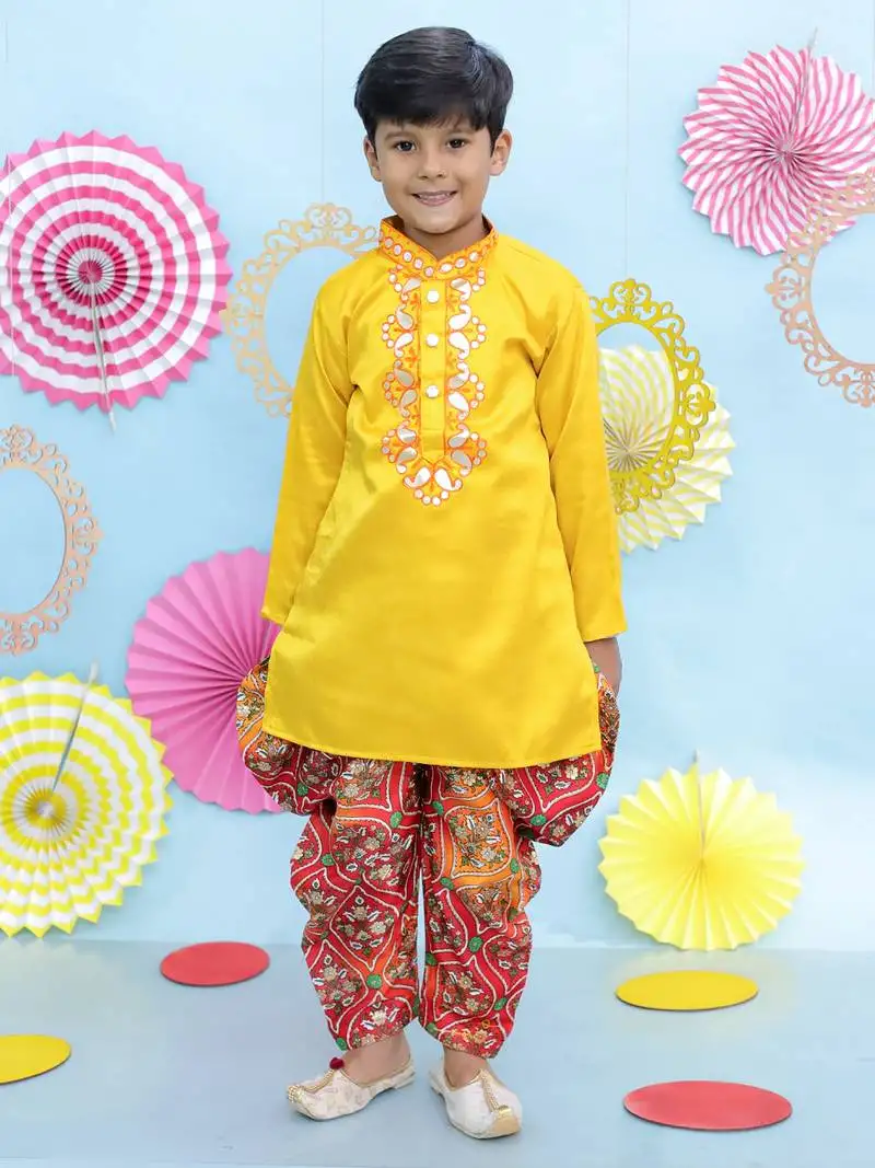 Yellow gota work embroidered silk kurta salwar