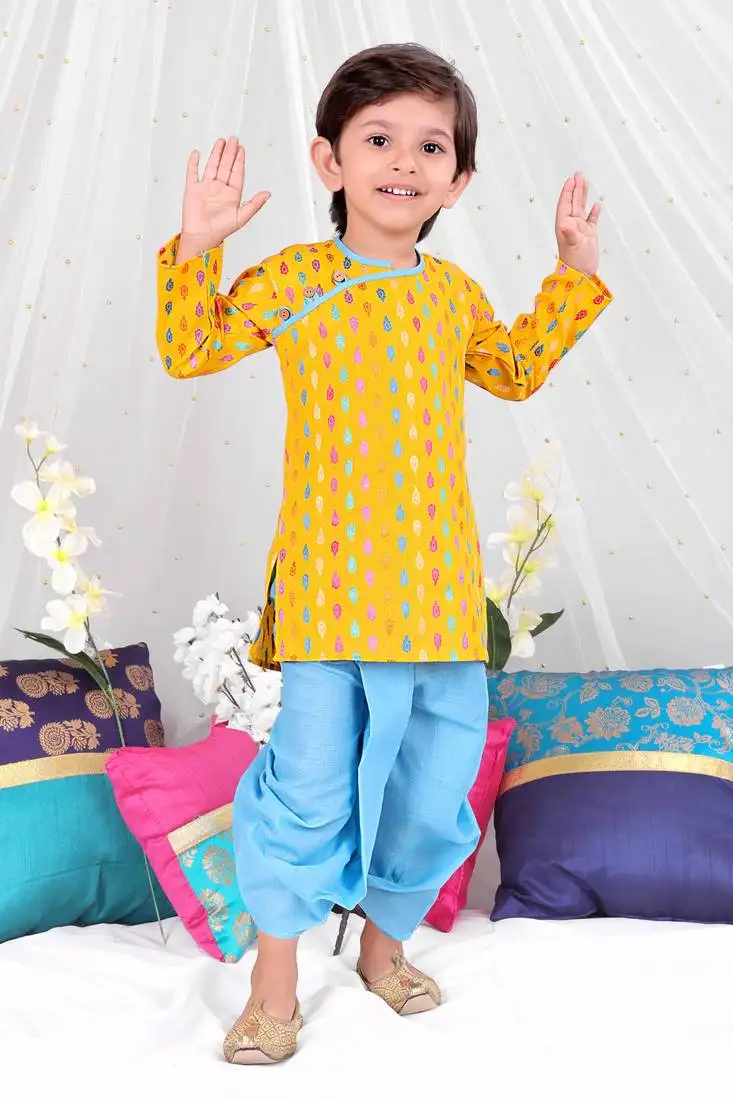 Yellow printed cotton handloom weave kurta dhoti