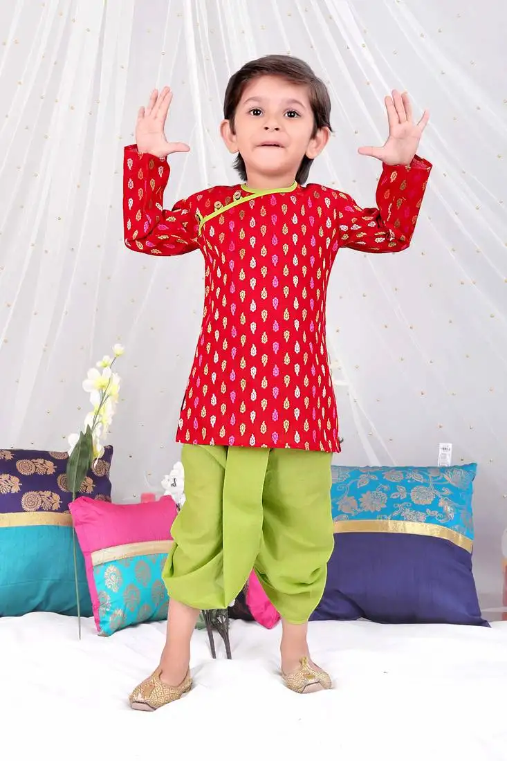 Red printed cotton handloom weave kurta dhoti