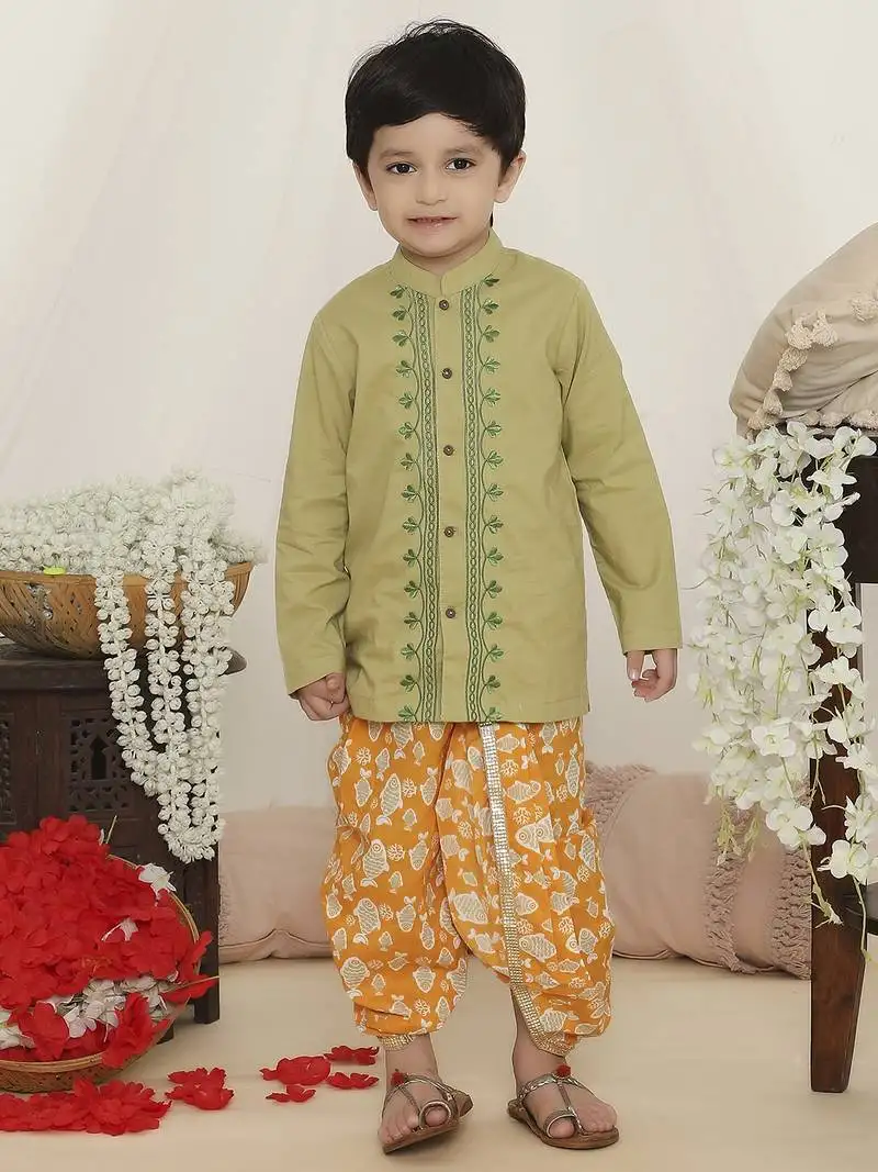 Green embroidered cotton kurta dhoti