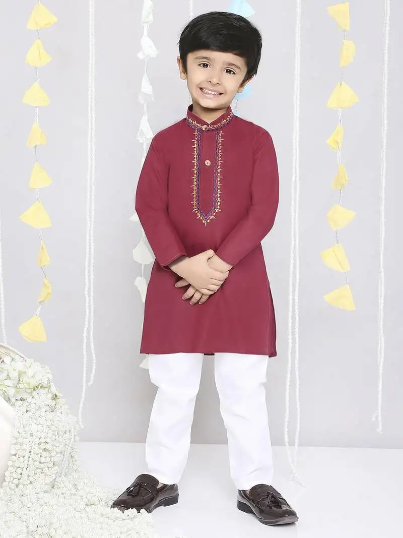 Maroon embroidered cotton kurta pyjama set