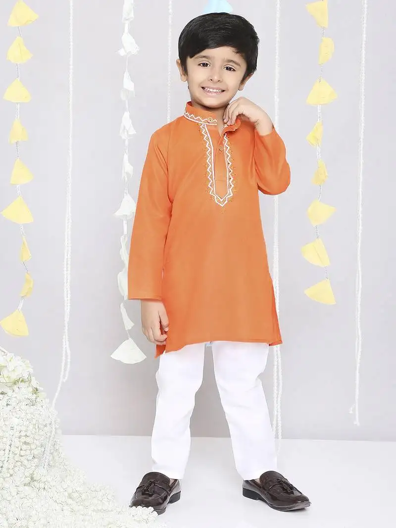 Orange embroidered cotton kurta pyjama set