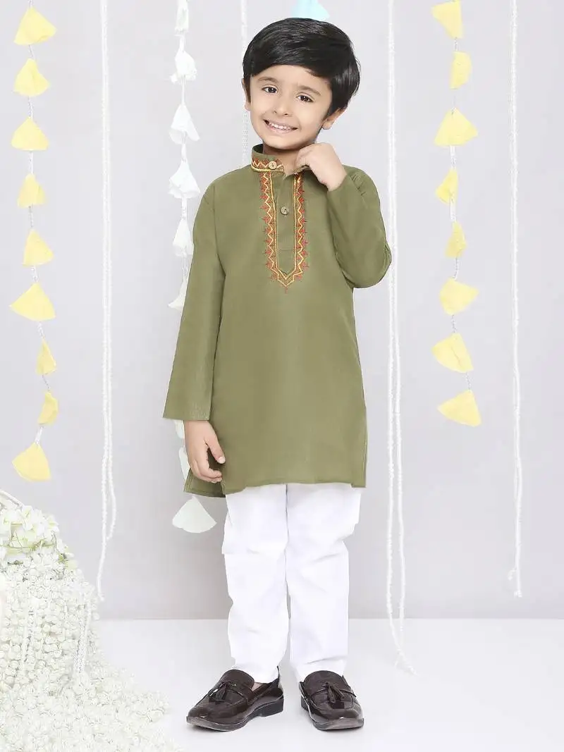 Green embroidered cotton kurta pyjama set