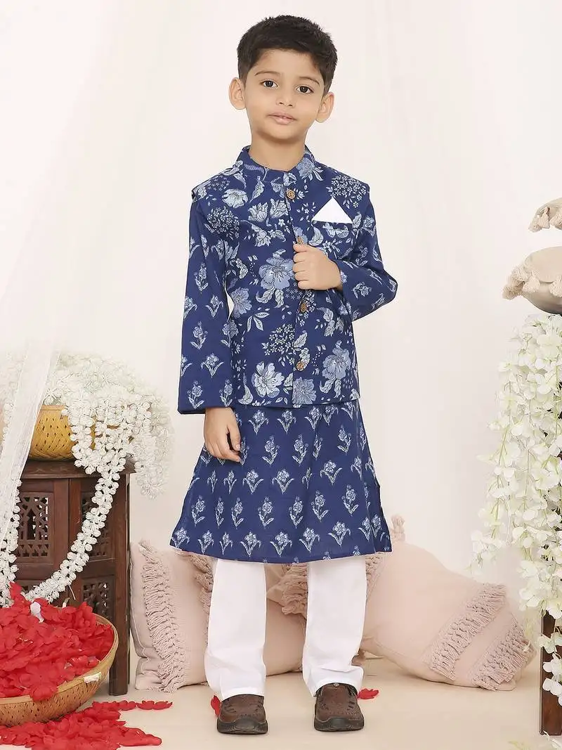 Navy floral printed cotton jacket kurta pyjama set
