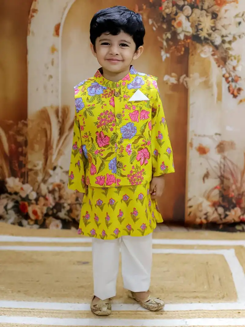 Yellow floral printed cotton jacket kurta pyjama set