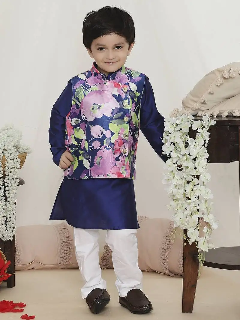 Blue spring floral printed polyster silk jacket kurta pyjama set