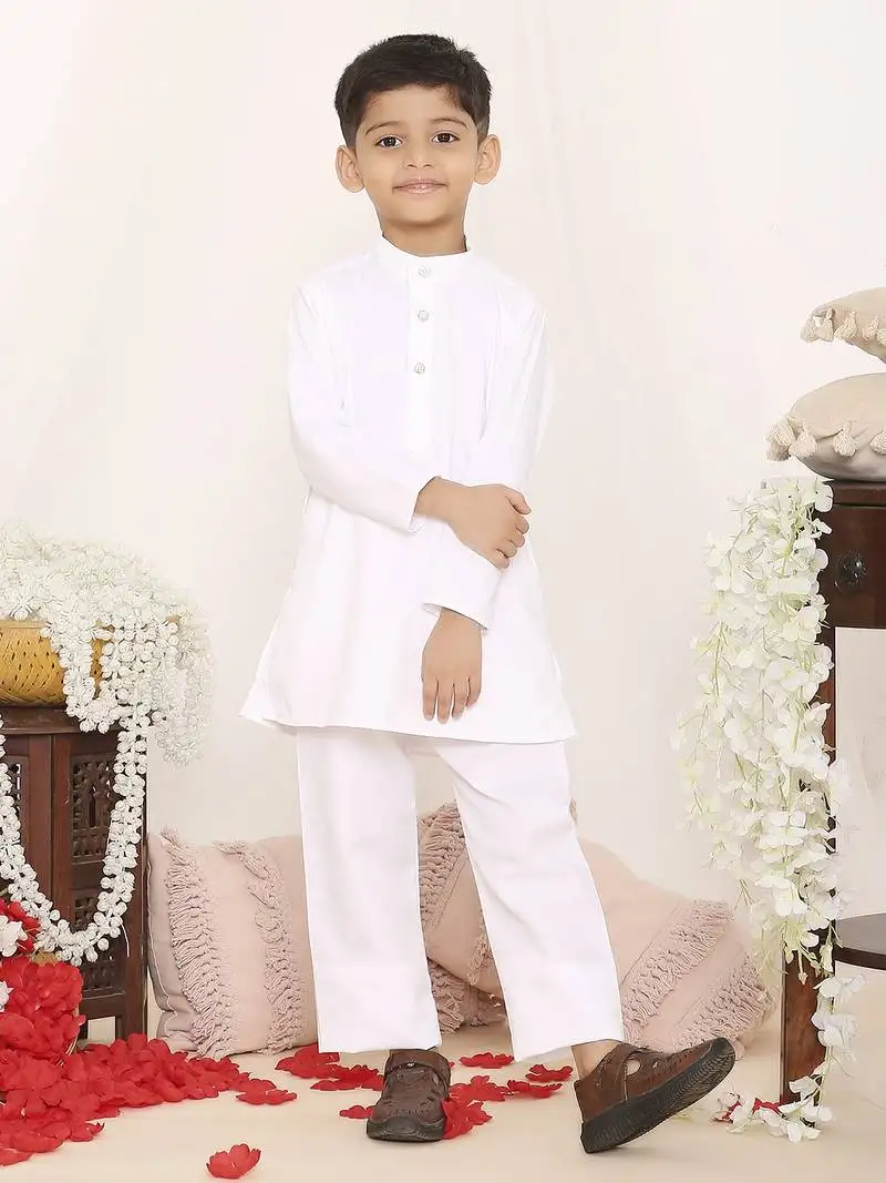 White plain cotton kurta pyjama set