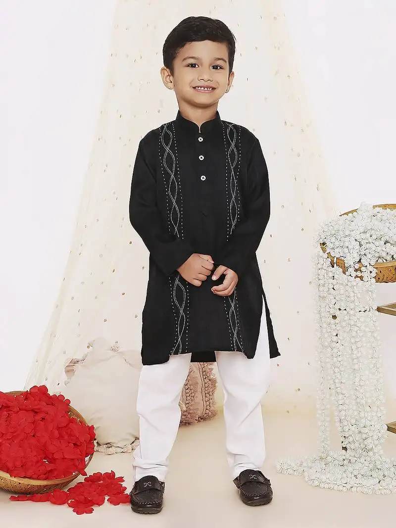 Black embroidered silk kurta pyjama set
