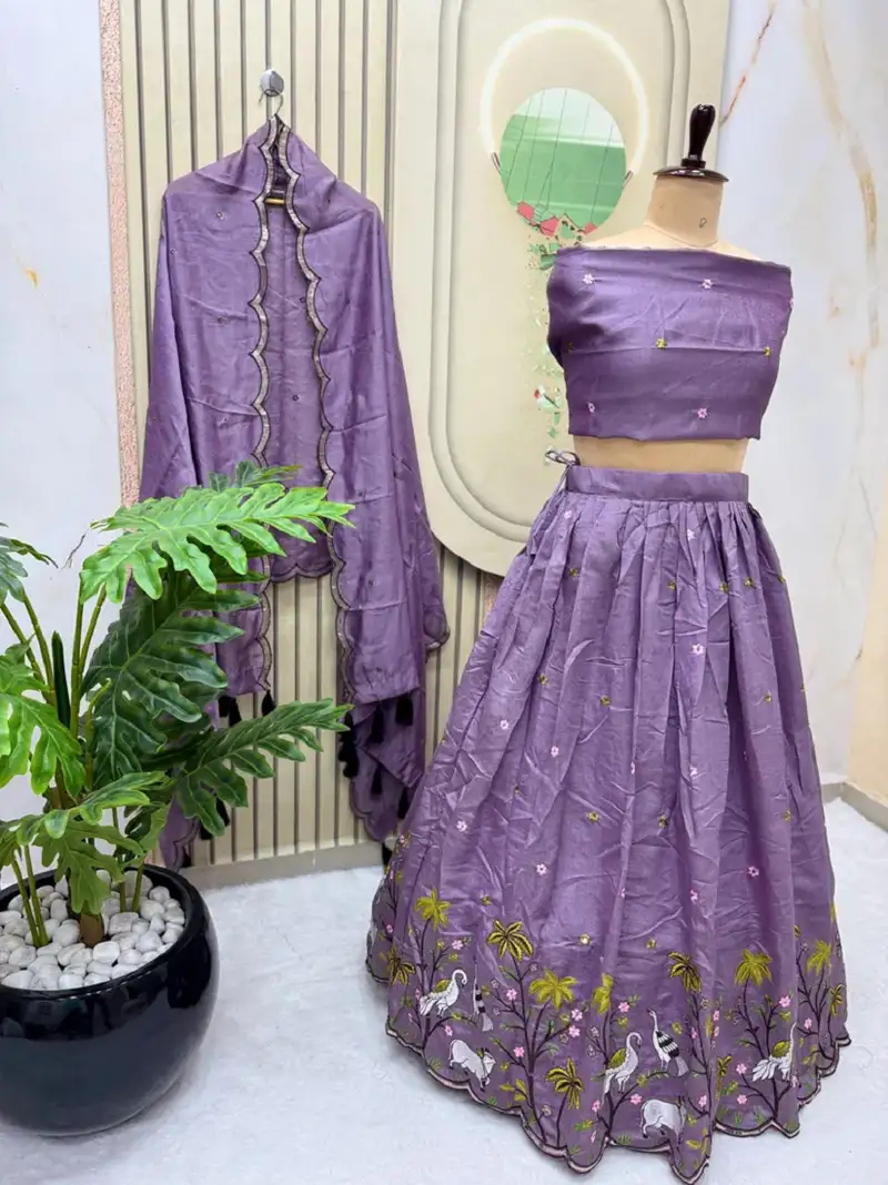 Lavender sequins thread embroidered semi stitched lehenga choli