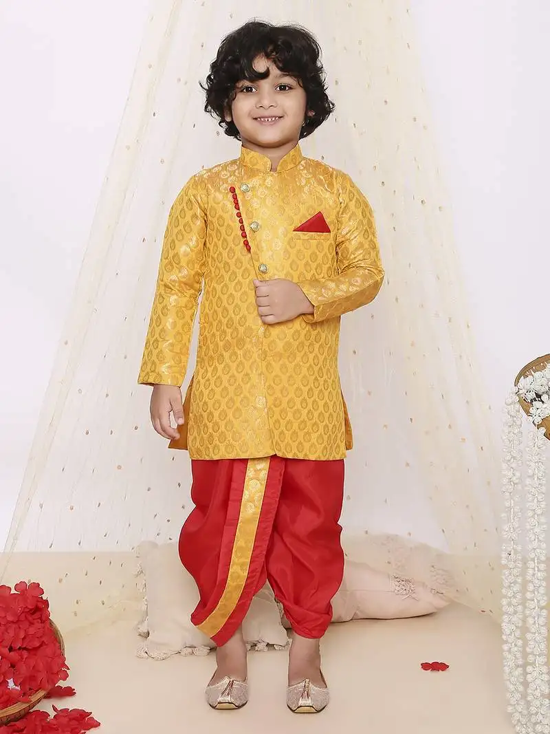 Yellow printed jacquard sherwani dhoti set