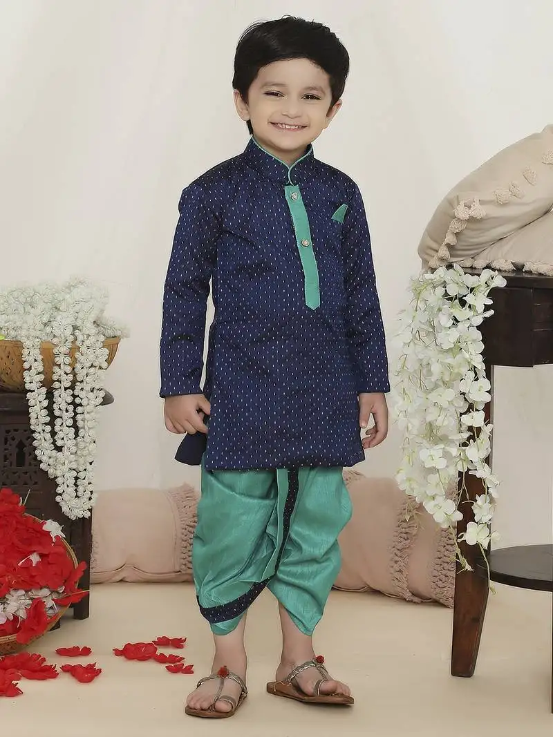 Blue embroidered silk kurta dhoti set