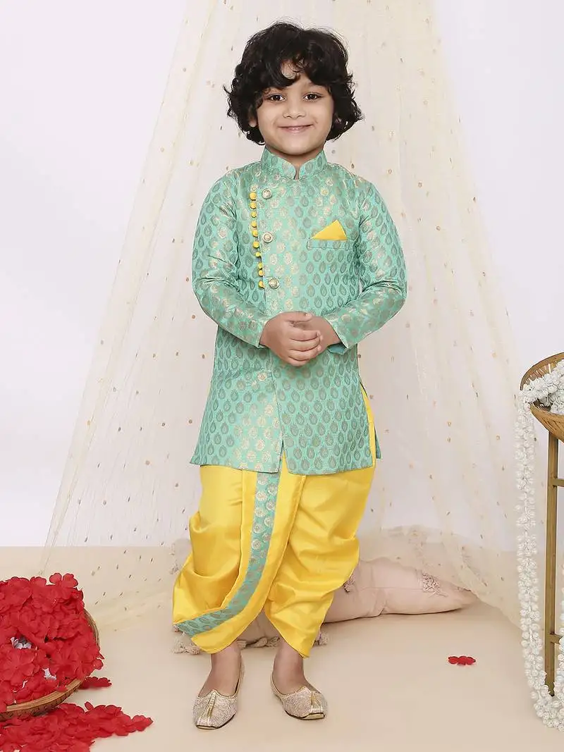 Grey printed jacquard sherwani dhoti set