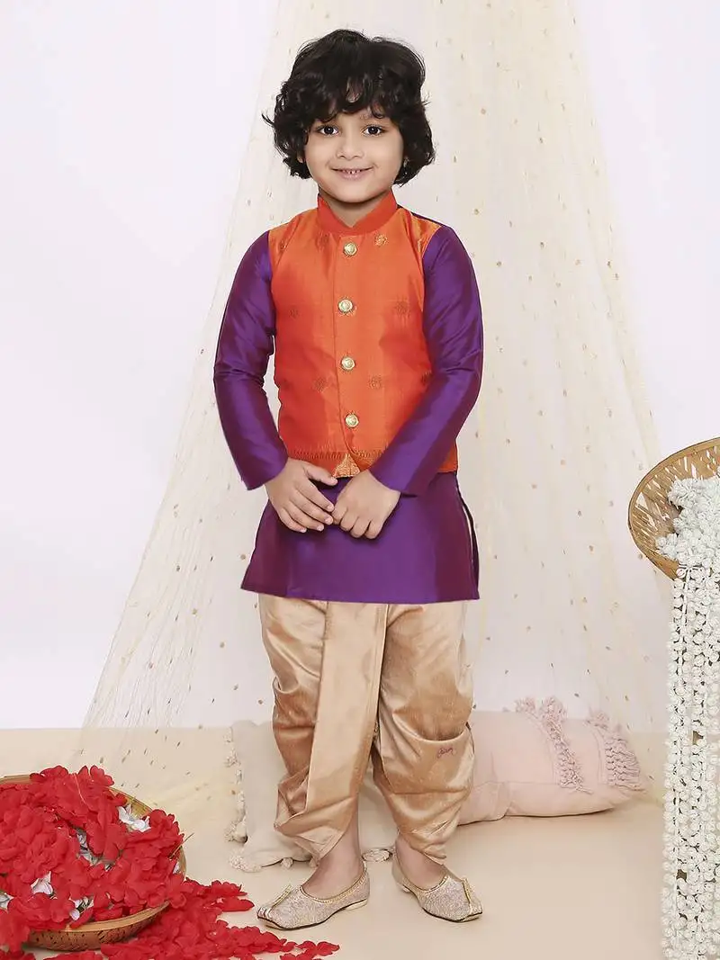 Orange purple plain silk attached jacket kurta dhoti