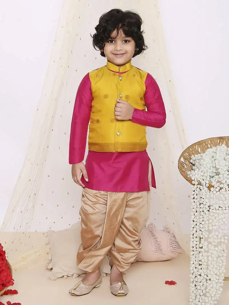 Yellow pink plain silk attached jacket kurta with dhoti