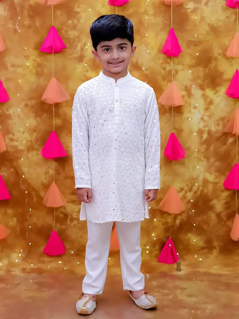 White embroidered cotton kurta pyjama set