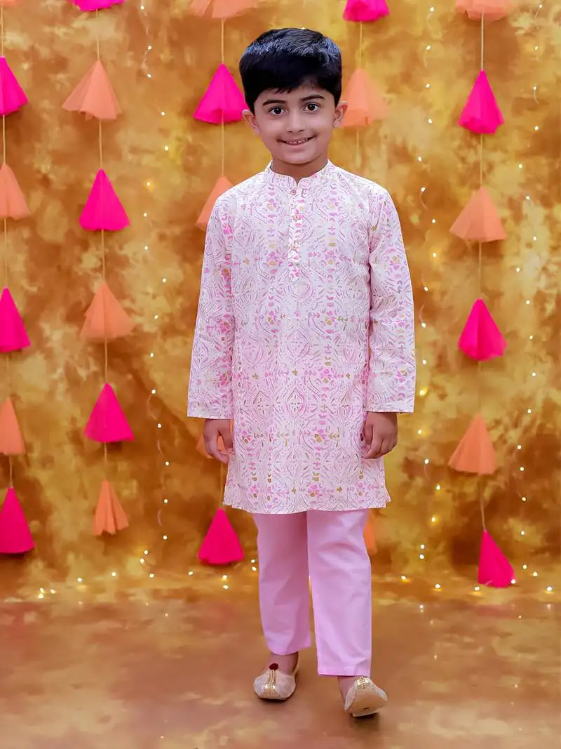 Pink printed cotton kurta pyjama