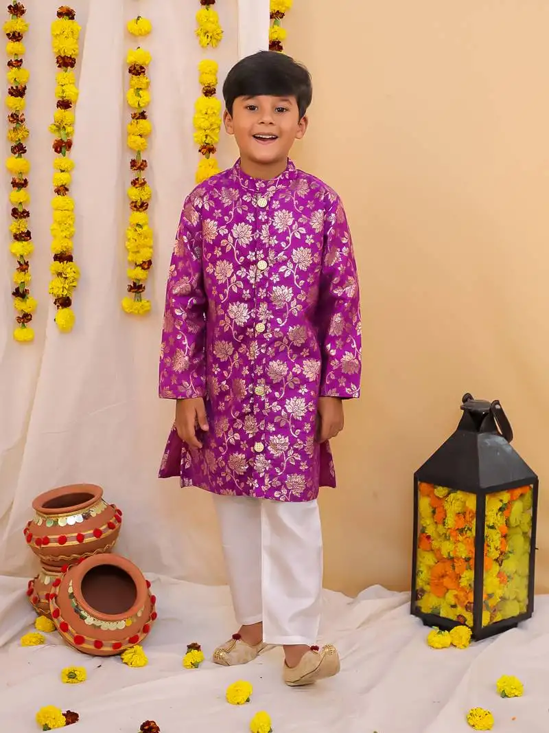 Purple printed jacquard sherwani pyjama set