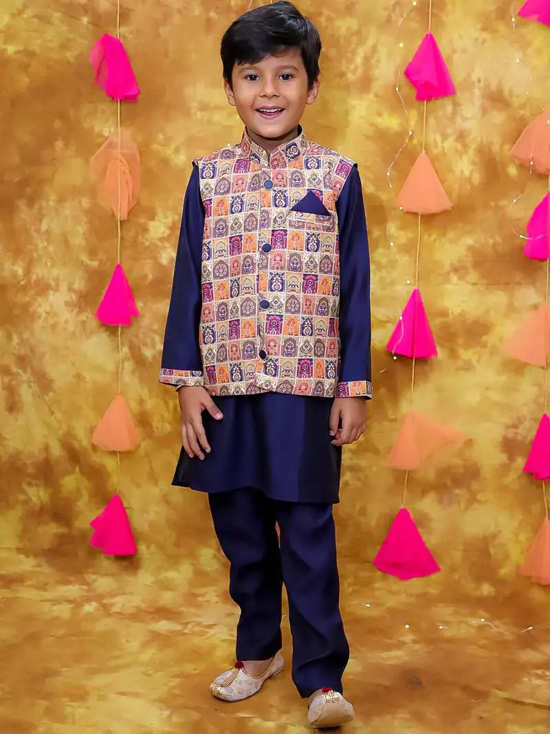 Multicolor navy printed silk jacket kurta pyjama set