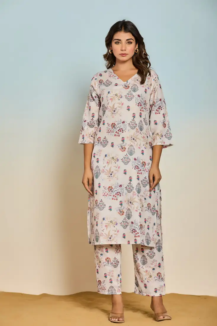 Bindiya pearl linen printed kurta pant set