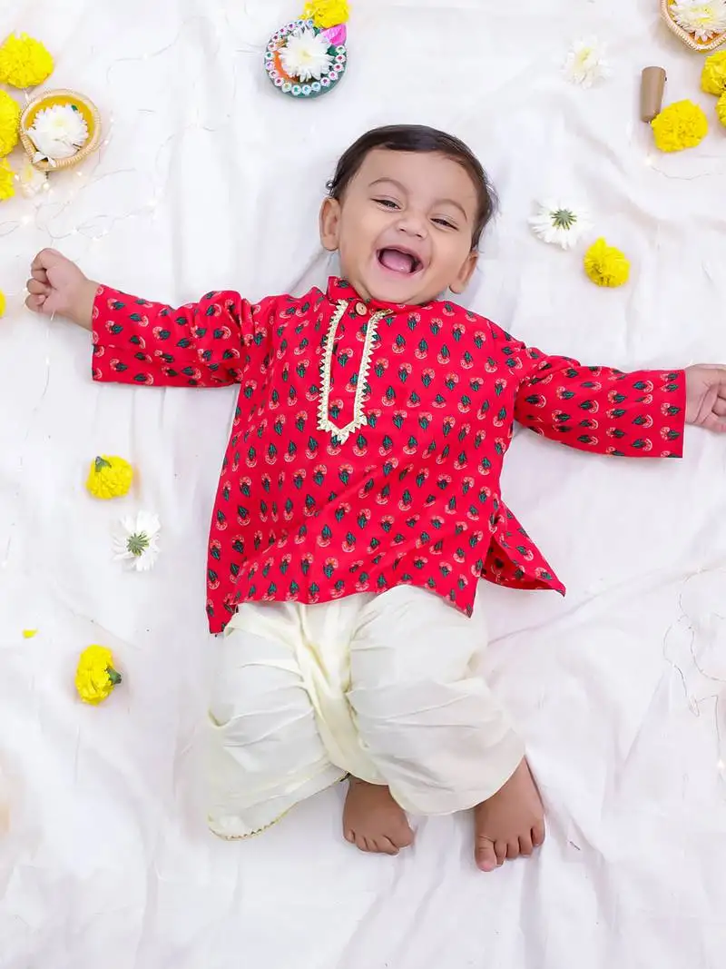 Maroon printed cotton kurta dhoti set