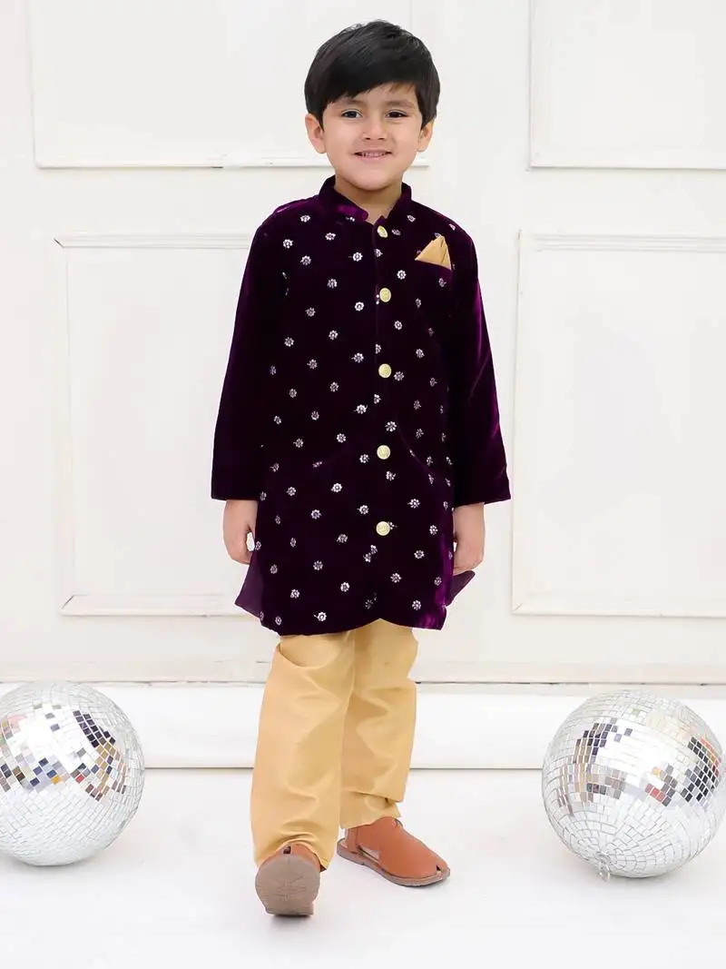 Purple plain velvet sherwani pyjama