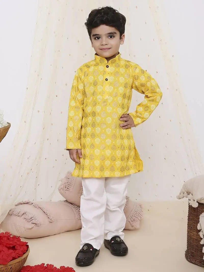 Yellow printed silk blend kurta pyjama